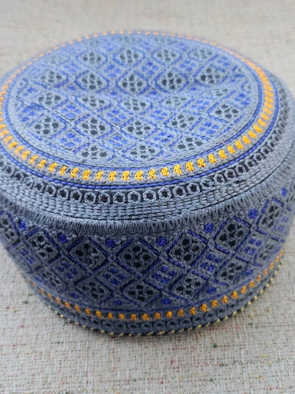 Men Hat Embroidery Gray/Blue Round Topi Cap Traditional Prayer Muslim Size 55cm - Picture 3 of 10